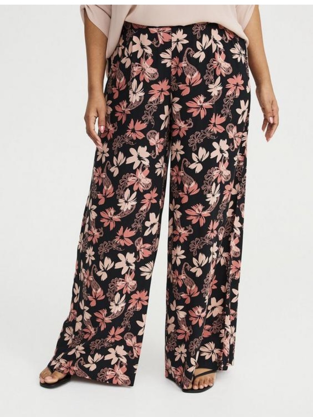 torrid Black Wide-Leg Pull-On Pants with Pink Floral Print 3 Short - Picture 2 of 8